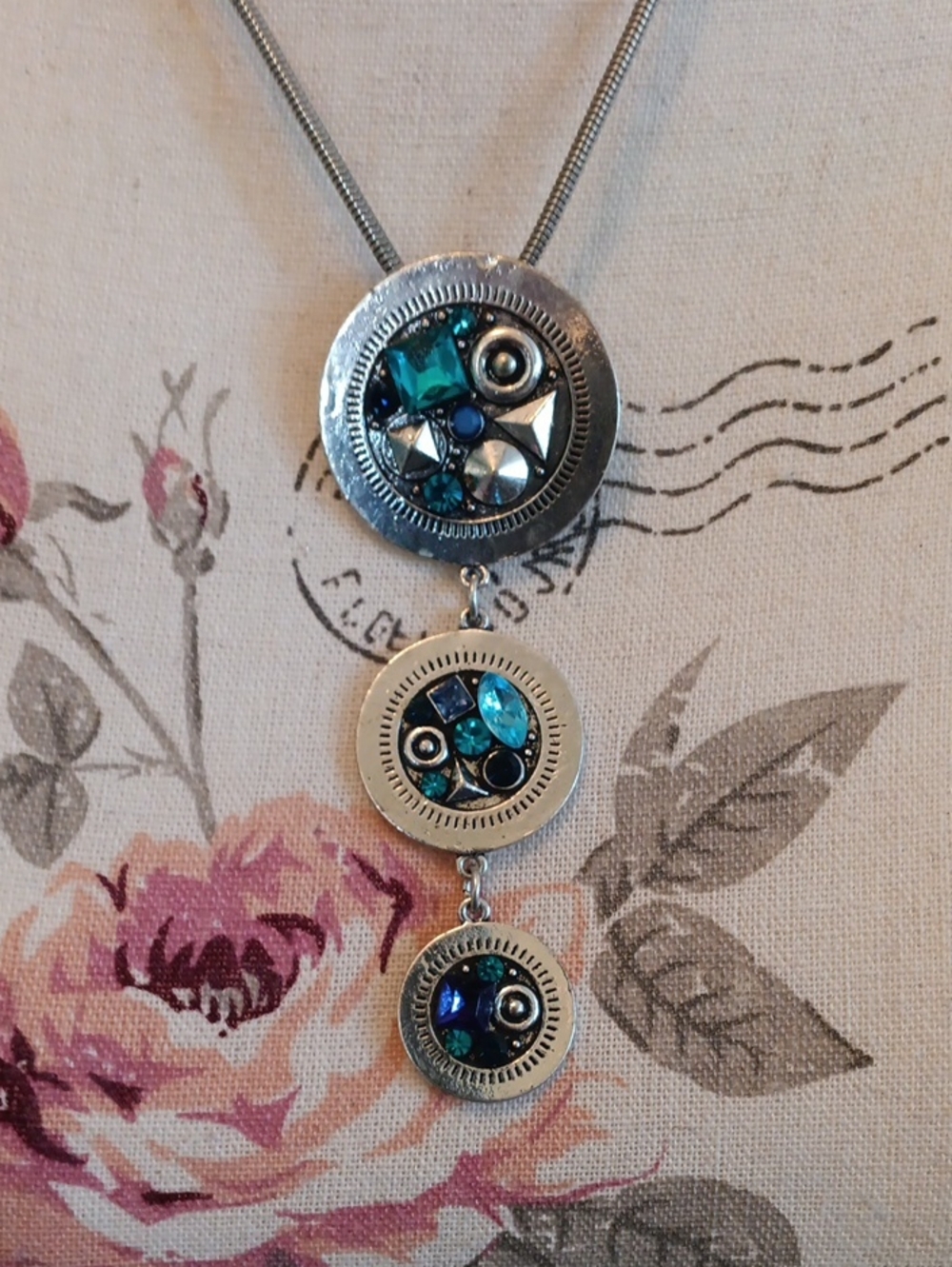 + Silver Trio Pendant Necklace with Blue Gem Accents